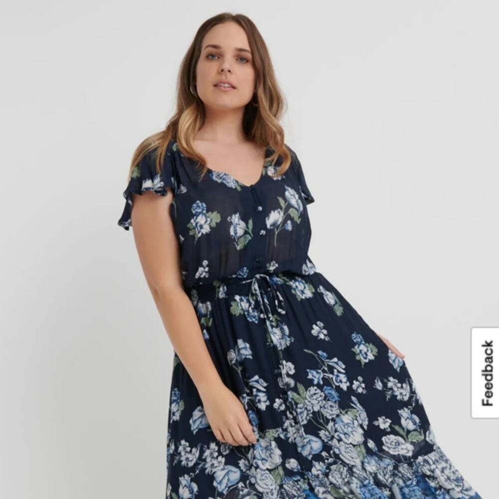Lucky Brand Maxi Floral Dress Flutter Sleeve High Low Hem Blue‎ Dark Romantic 1X